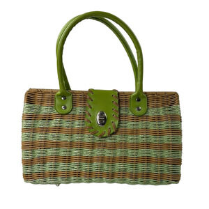 Rachel Chic Woven Wicker Handbag with Green Accents